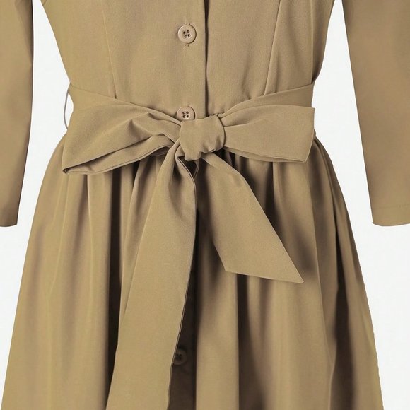 Apricot Elegant Women's Lady Solid Color Button Front Half Placket Waist Cinched - Picture 5 of 5